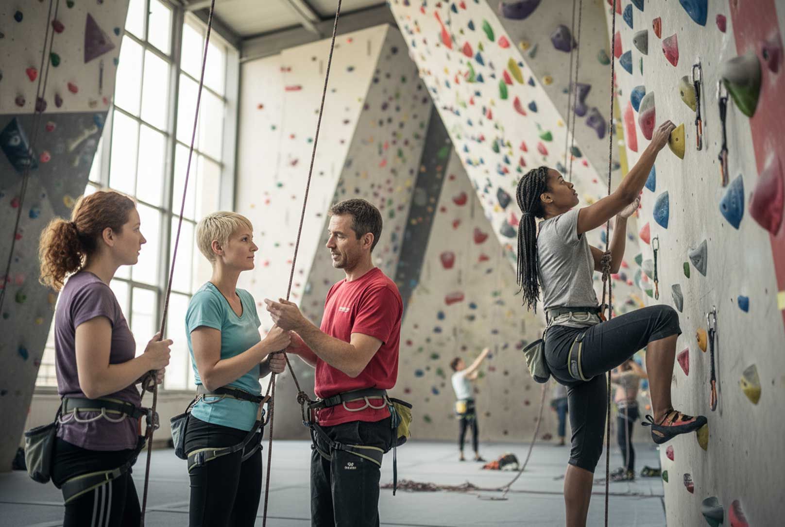 Vier Personen in einer Kletterhalle während einer Pädagogen Ausbildung