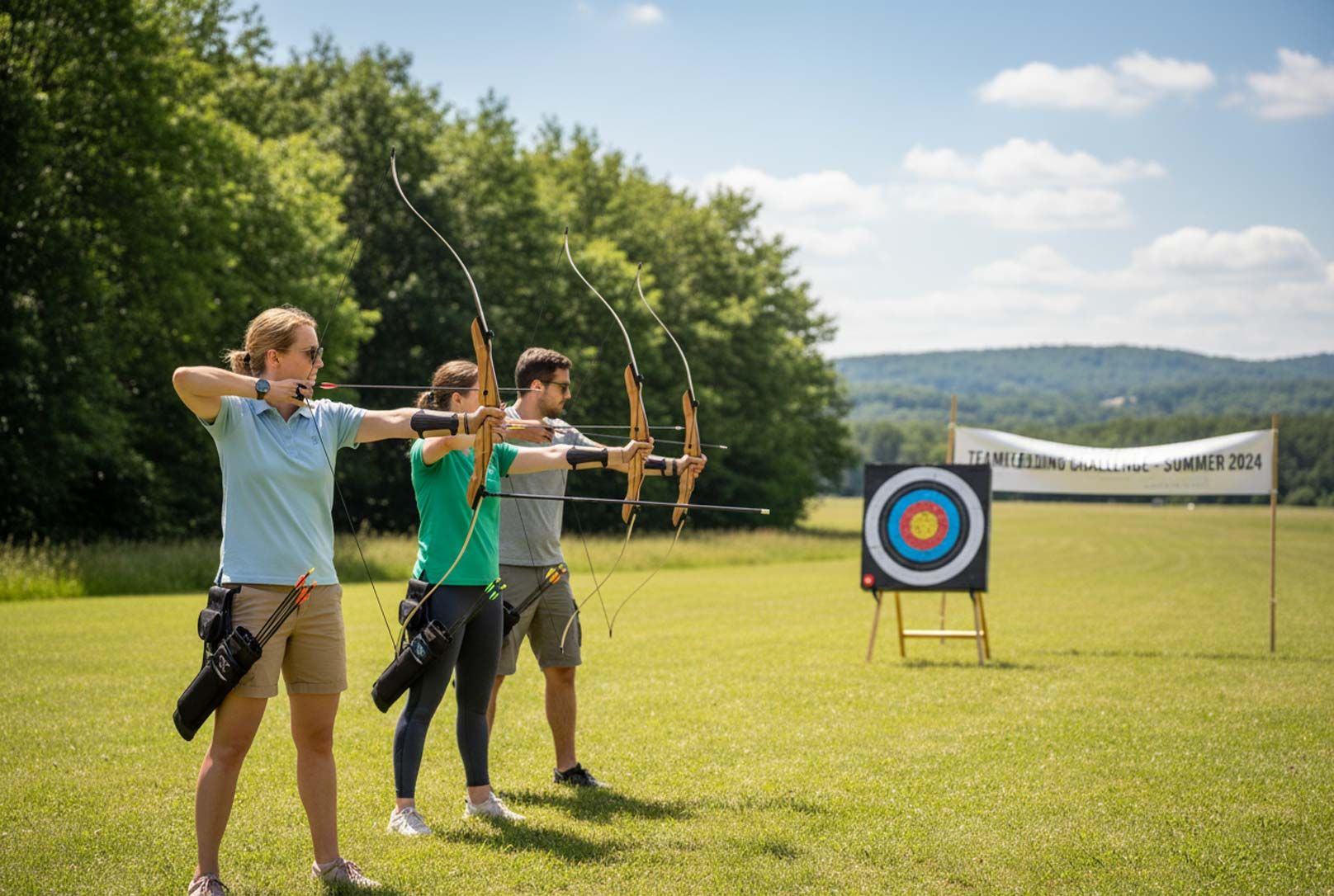 Teambuilding Event zwei Frauen und ein Mann Bogenschießen auf einer Zielscheibe
