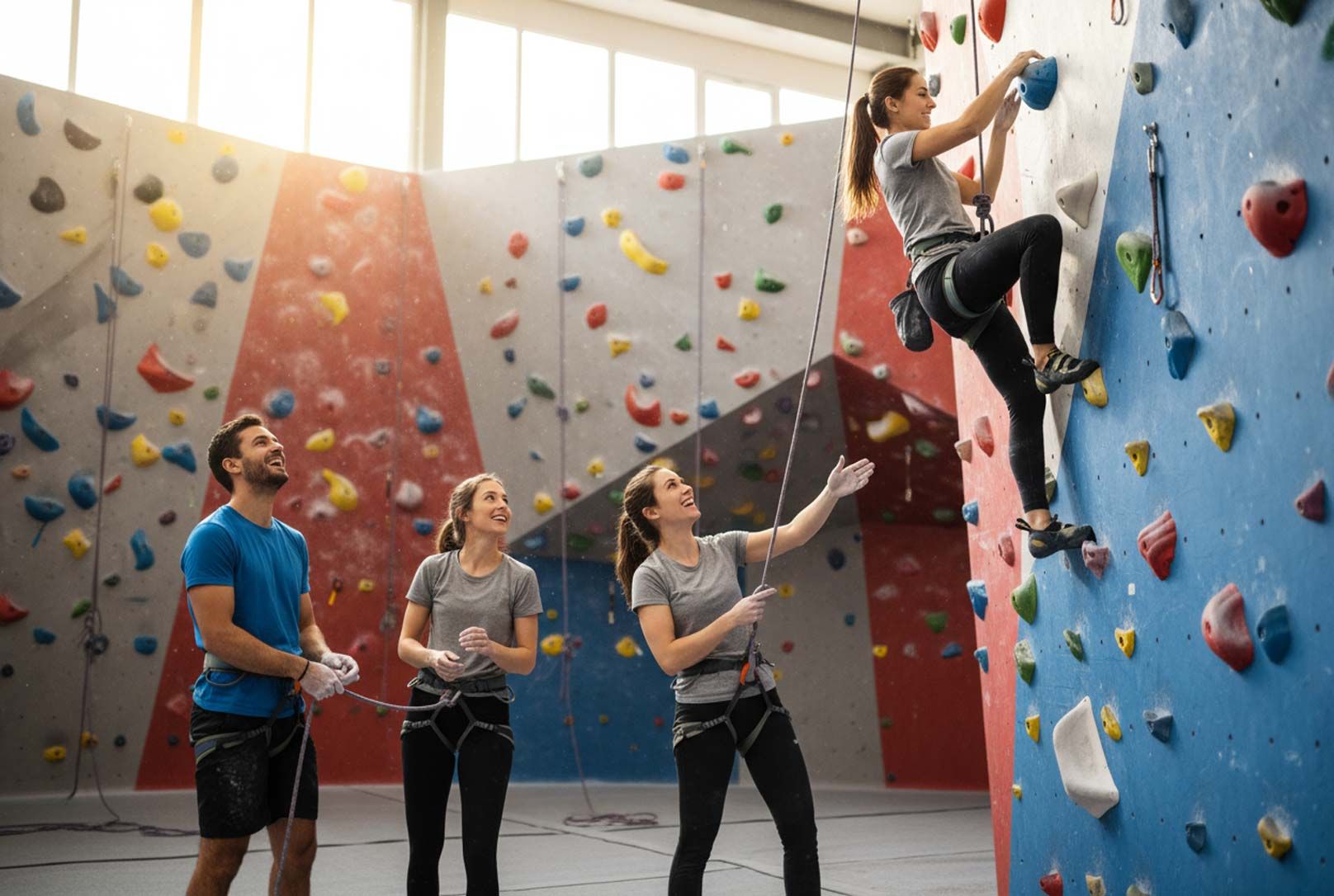 Team Building Events in einer Kletterhalle zeige 3 Frauen und 2 Männer