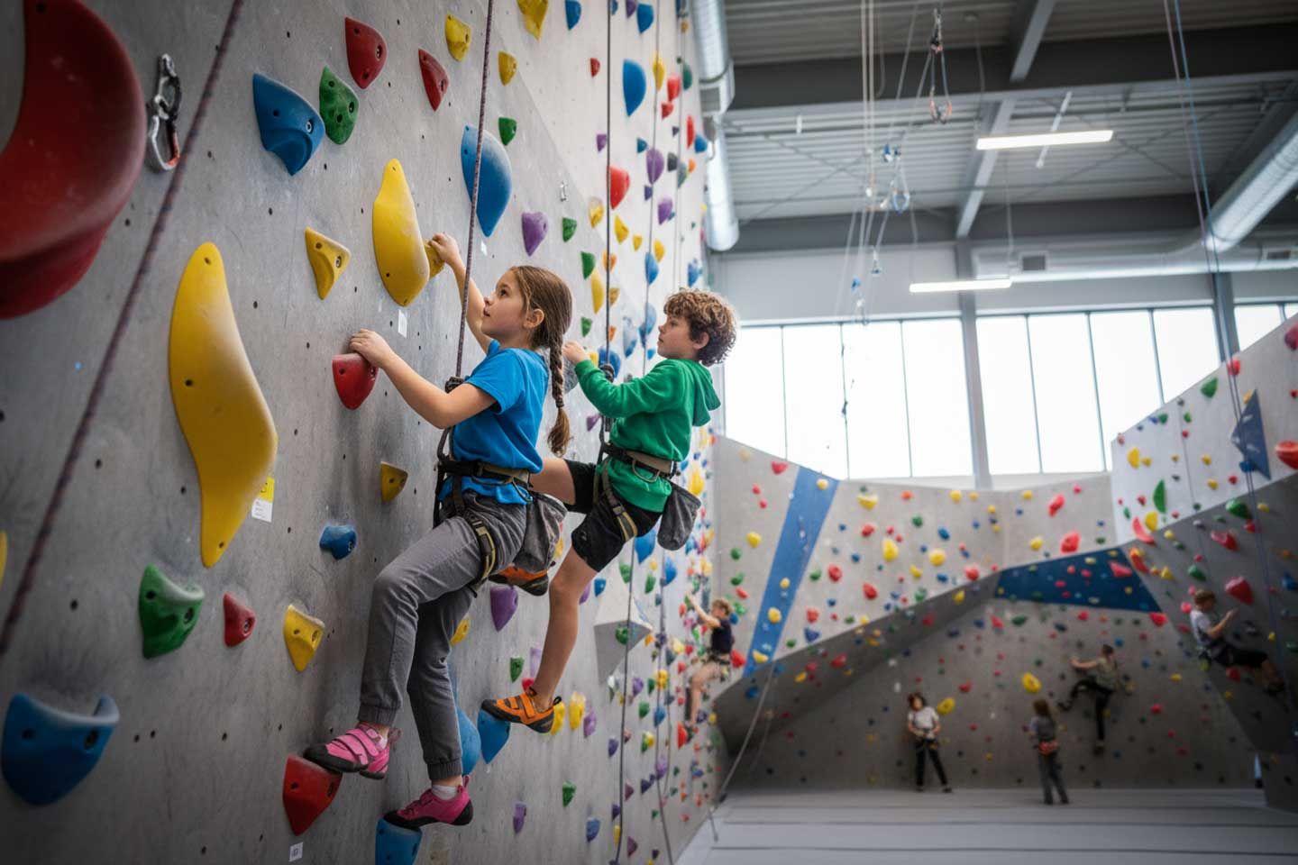 Kinder auf einer Kletterwand in einer Kletterhalle